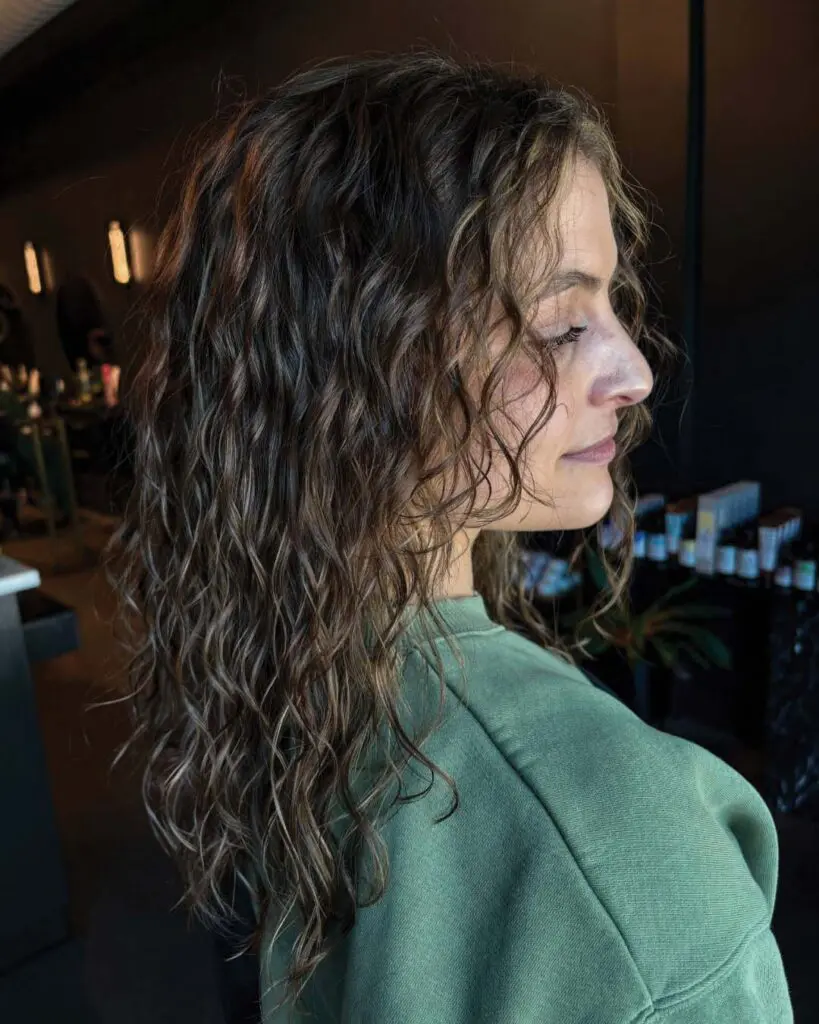 Defined Curly Brunette with Subtle Sun-Kissed Highlights and Textured Layers Long, naturally curly brunette hair styled with highly defined, moisturized ringlets and subtle sun-kissed highlights, customized by an expert stylist at Sunday Salon in Raleigh.
