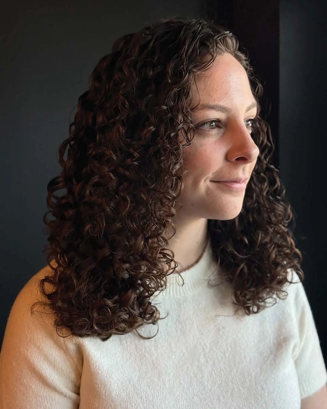 Medium-length, naturally curly hair styled with perfectly defined, bouncy ringlets in a rich chocolate brown hue with warm undertones, expertly shaped by a stylist at Sunday Salon in Raleigh.