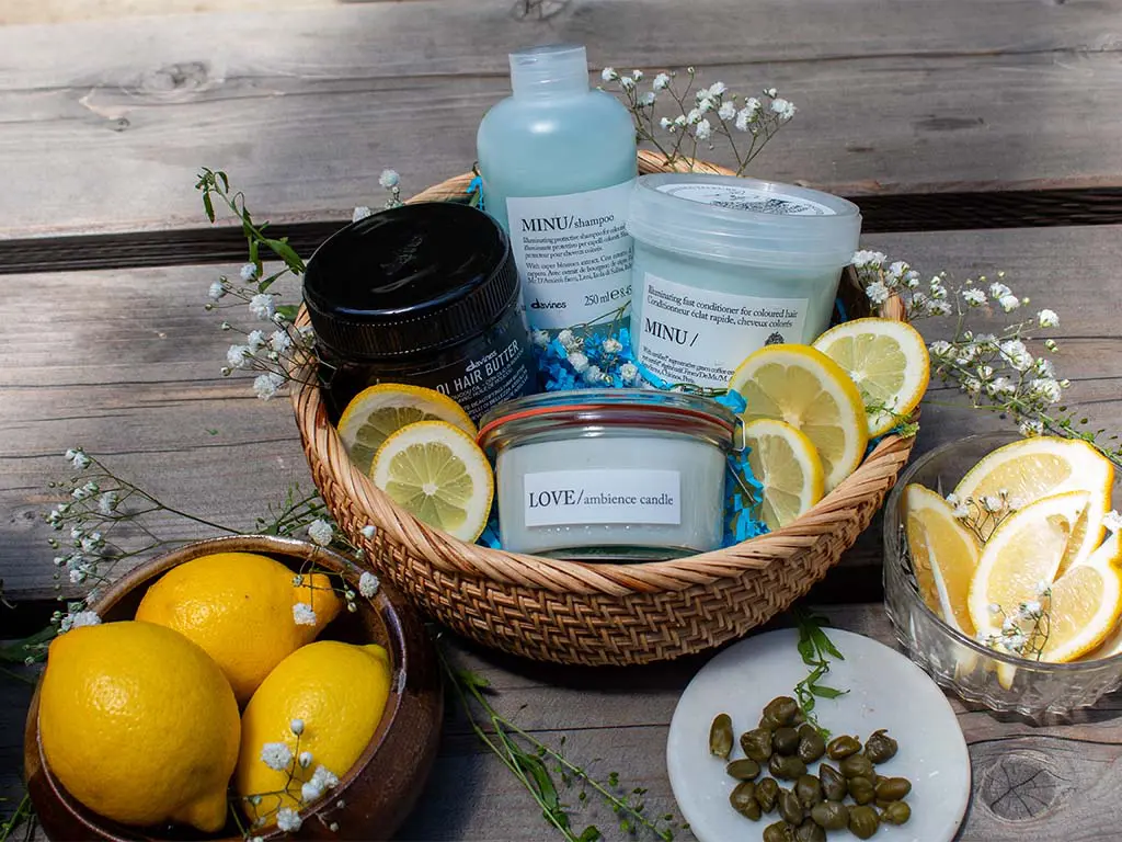 Davines MINU color care giveaway basket with lemons and capers at Sunday Salon in Raleigh