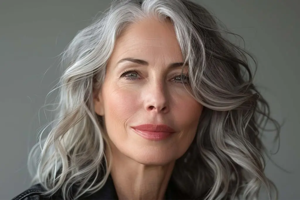 A woman with long, wavy gray hair showcasing expert grey blending and clear skin looks confidently at the camera. She wears a black top, has light makeup, and the background is a simple, blurred gray.
