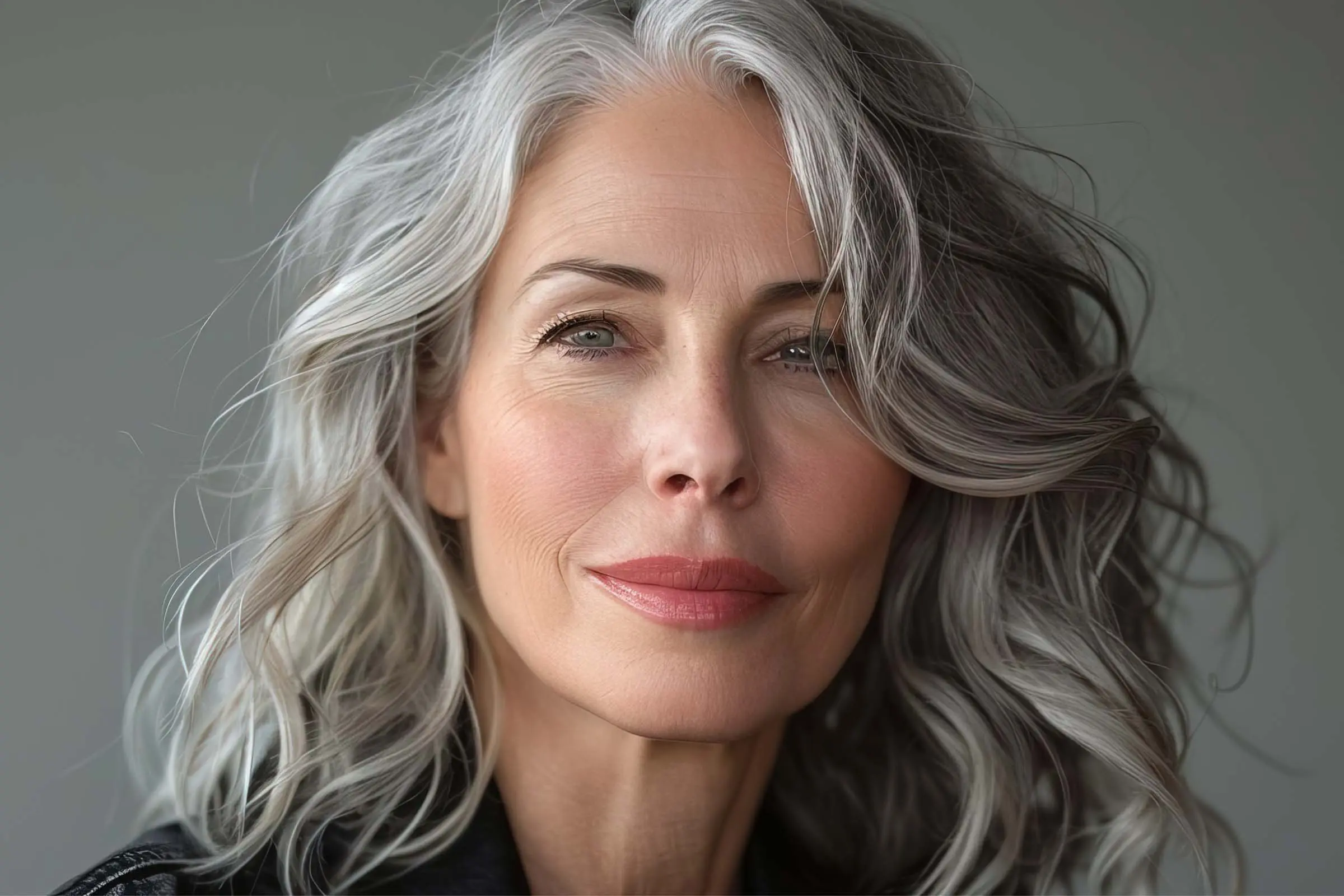 A woman with long, wavy gray hair showcasing expert grey blending and clear skin looks confidently at the camera. She wears a black top, has light makeup, and the background is a simple, blurred gray.