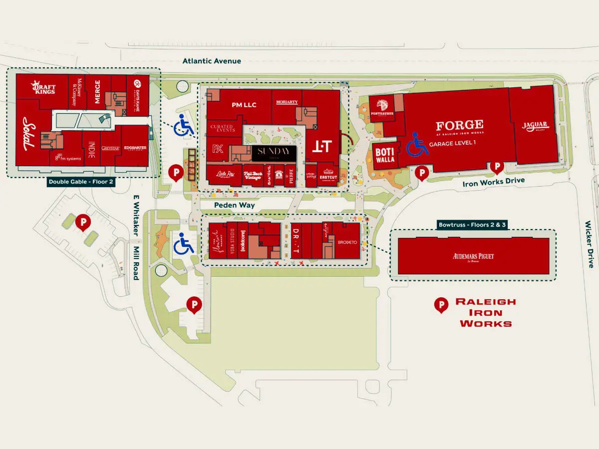 Map of Raleigh Iron Works complex showing building names, parking areas, accessible entrances, and street labels: Atlantic Ave, Peden Way, and Whitley Dr. Buildings/areas are labeled in red with symbols for parking and accessibility.