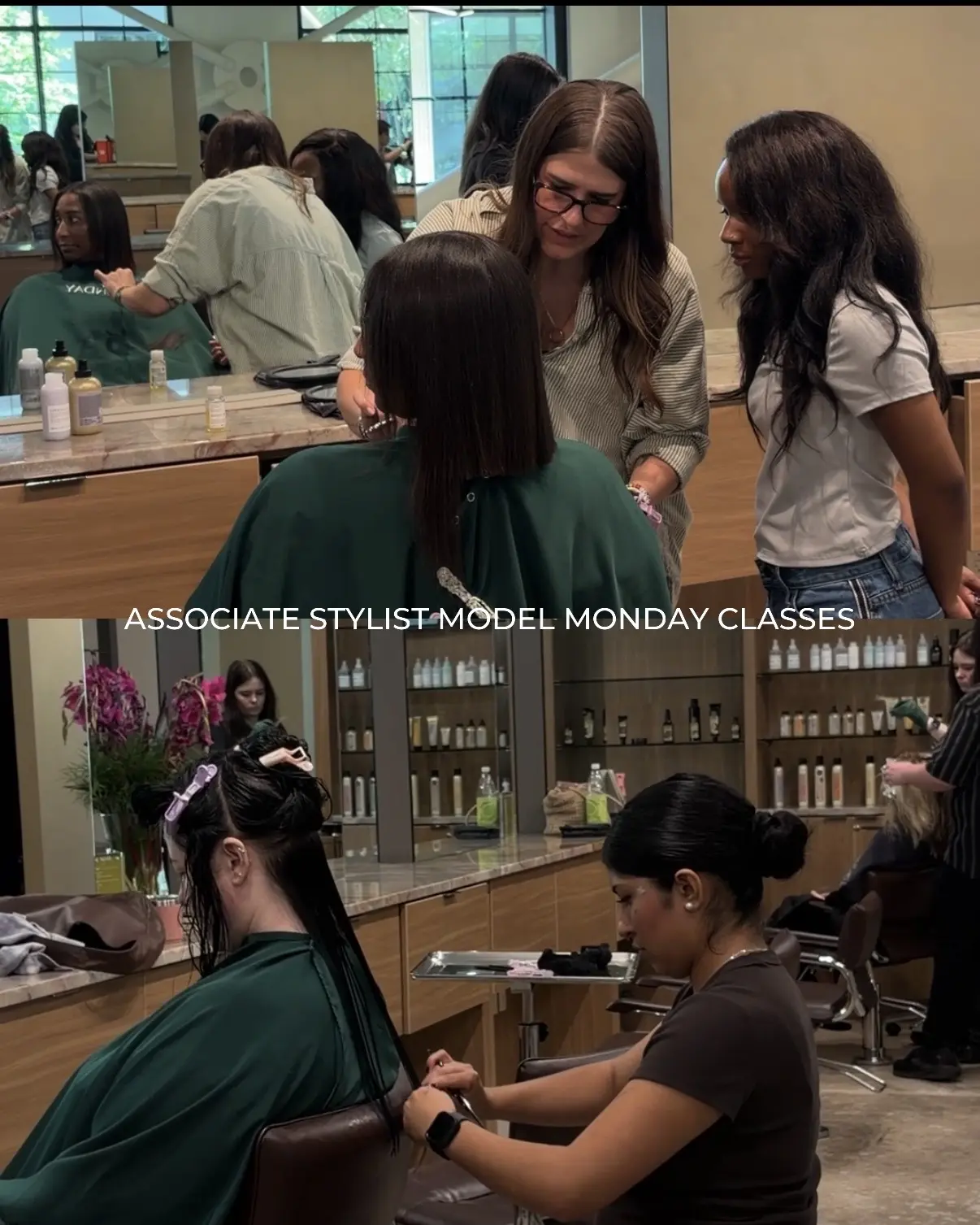 Screenshot Two hairstylists instruct a model with shoulder-length hair in a salon. Below, another stylist works on a woman’s hair. Text reads “ASSOCIATE STYLIST-MODEL MONDAY CLASSES” across both images.