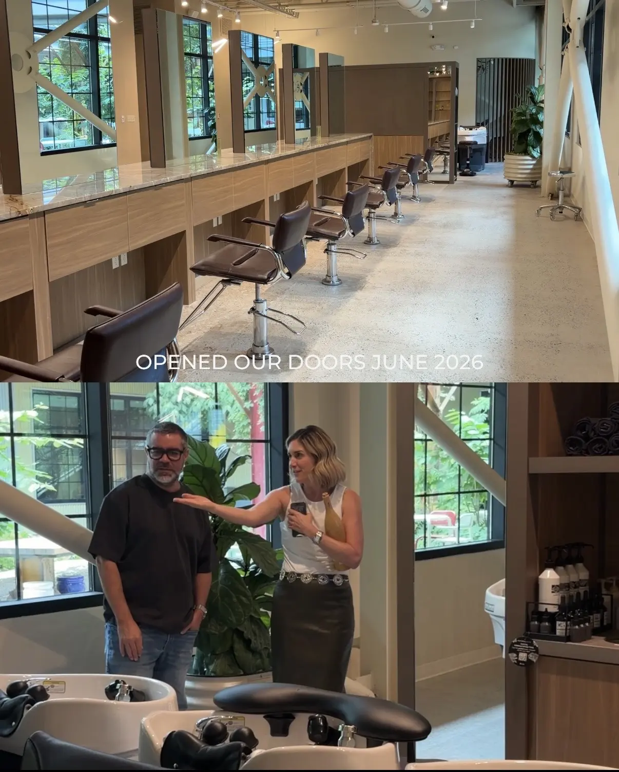 Screenshot Split image: Top shows empty salon chairs and mirrors in a modern hair salon. Bottom shows a woman gesturing next to a man in the salon. Text: “OPENED OUR DOORS JUNE 2026.”.
