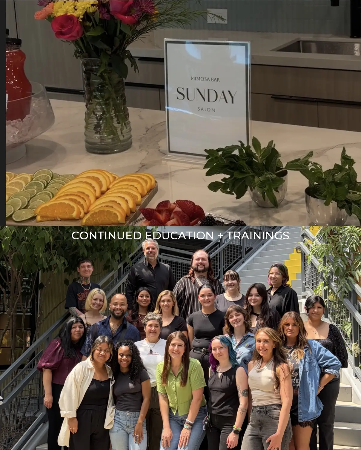 Screenshot Top: A table with sliced fruits, herbs, flowers, and a sign reading “Mimosa Bar Sunday Salon.” Bottom: A group of people posing and smiling together on a staircase, labeled “Continued Education + Trainings.”.