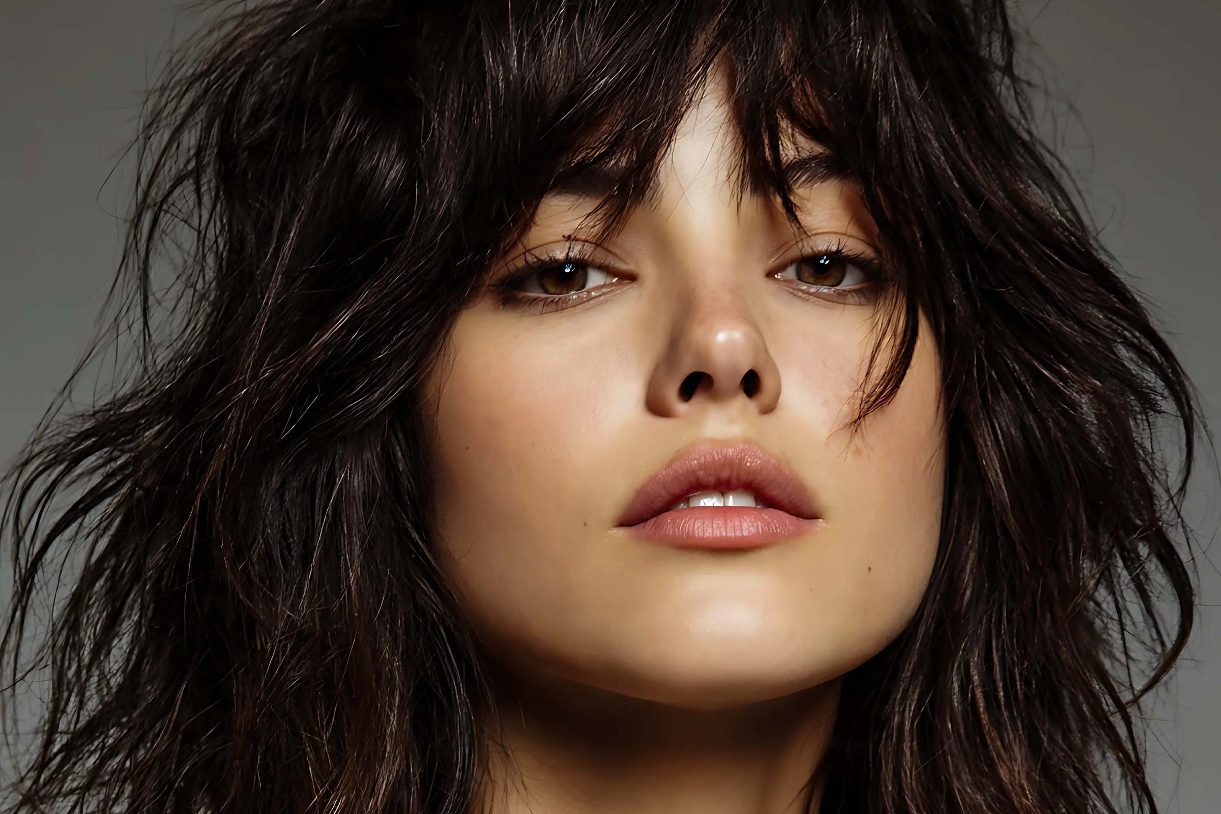 haircutshape Close-up portrait of a woman with a precision haircut, featuring dark, textured hair and bangs as she looks directly at the camera.