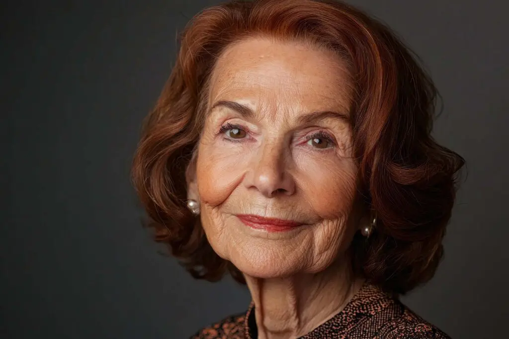 Portrait of a smiling older woman with vibrant auburn hair and pearl earrings, styled in Raleigh.