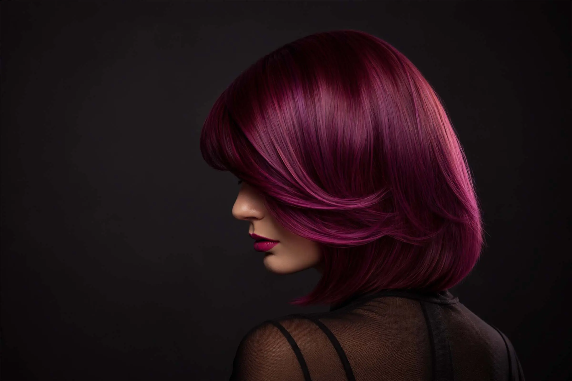 vivids-blog Profile view of a person with a layered bob in a vivid hair color, styled in vibrant magenta to match their lipstick.