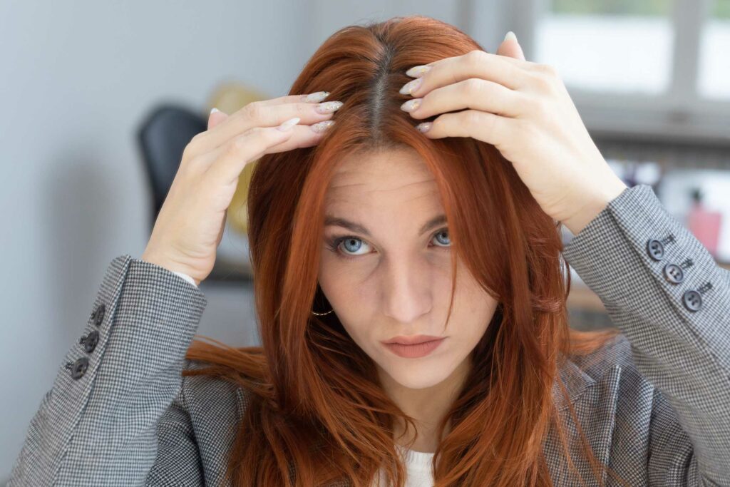 A person with long, red hair and light blue eyes is parting their hair with their hands in a gray checkered blazer, showing a serious expression. The background, reminiscent of an elegant Sunday salon, is slightly blurred, depicting some indoor settings.