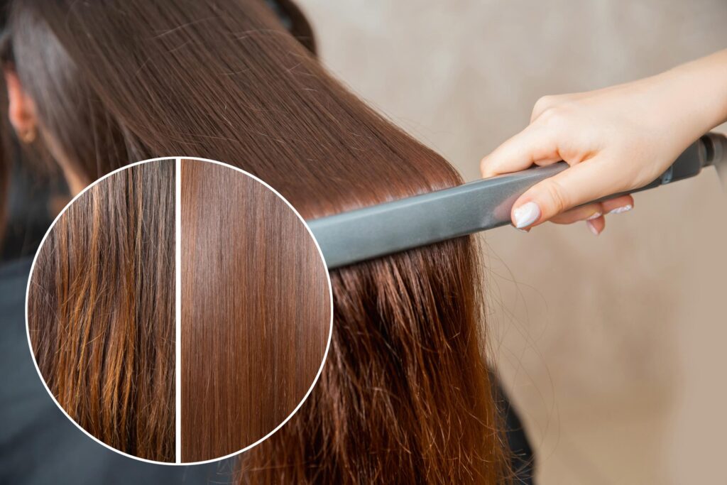 A hand using a flat iron to straighten long brown hair, complemented by an inset circle showing the magic of keratin treatment. The left side reveals frizzy hair, while the right showcases sleek, straightened locks.