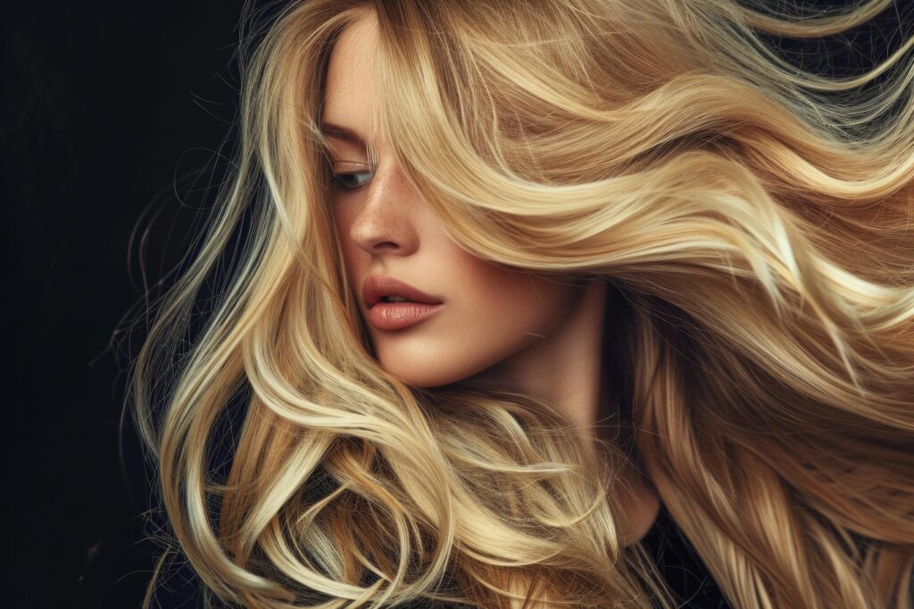A woman with long, blonde hair looks down and to the side against a dark background, her flowing locks dramatically swirling around her face.
