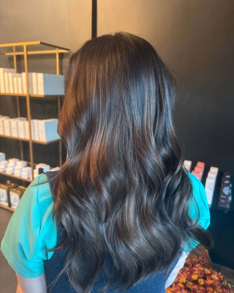 A client with long, beautifully glossy espresso brown hair featuring delicate caramel ribbons and styled in smooth, polished waves, created at Sunday Salon in Raleigh.
