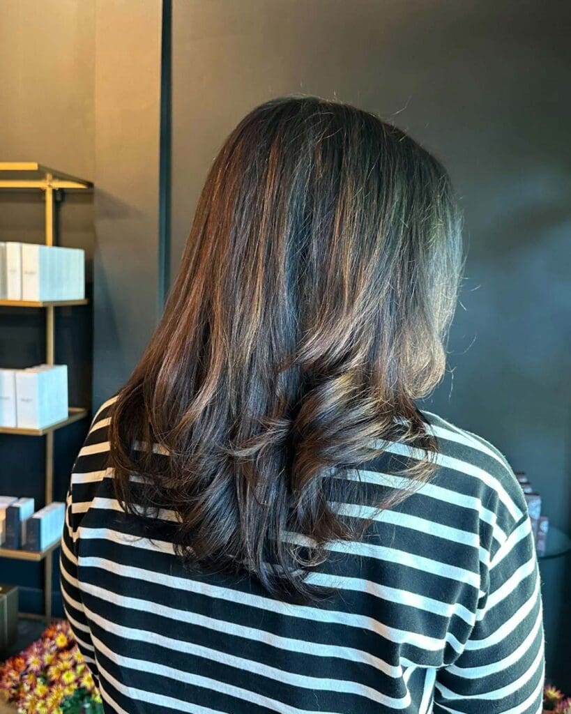 A client with mid-length dark brunette hair featuring warm copper highlights, styled in a voluminous bouncy blowout with softly curled ends at Sunday Salon in Raleigh.