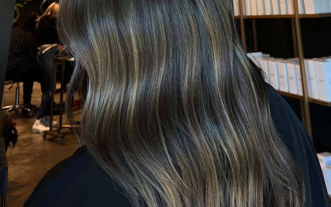 A client with long dark brunette hair featuring beautifully blended, cool-toned ash babylights, styled with a sleek and smooth finish at Sunday Salon in Raleigh.