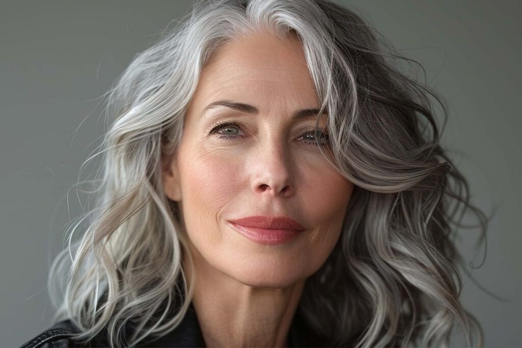 A woman with long, wavy gray hair showcasing expert grey blending and clear skin looks confidently at the camera. She wears a black top, has light makeup, and the background is a simple, blurred gray.
